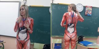 Professora dá aula de anatomia em um traje de corpo inteiro que mapeia o corpo humano em detalhes nítidos